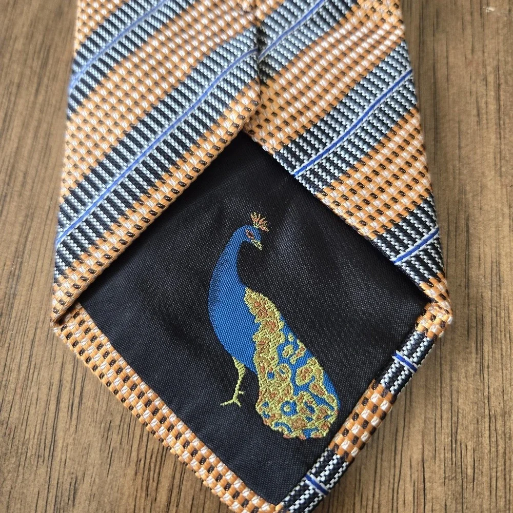 Vintage Pavone Striped Orange Black‎ Blue 100% Silk Handmade Neck Tie Peacock